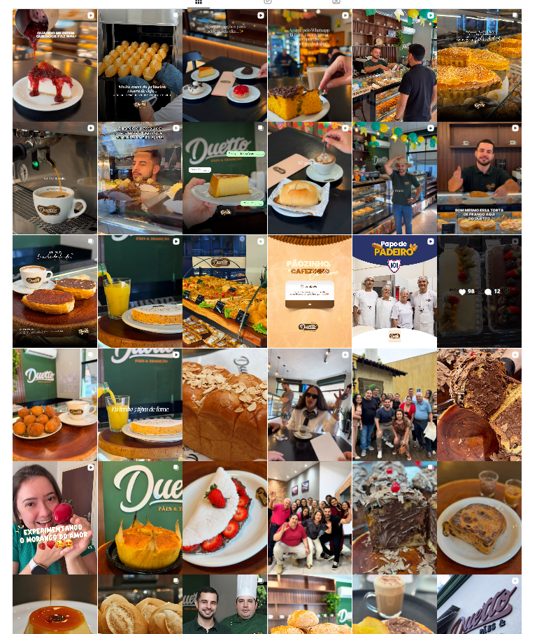 Grade de publicações do Instagram da Duetto com cafés, doces, pães e equipe