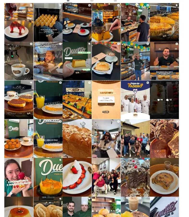 Grade de publicações do Instagram da Duetto com cafés, doces, pães e equipe