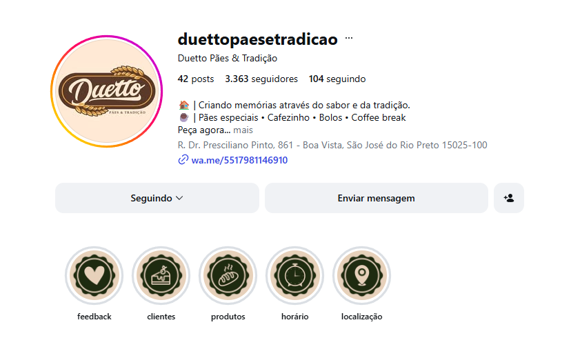 Perfil do Instagram da Duetto Pães e Tradição