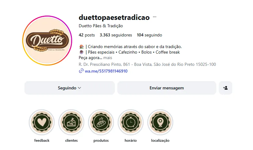 Perfil do Instagram da Duetto Pães e Tradição
